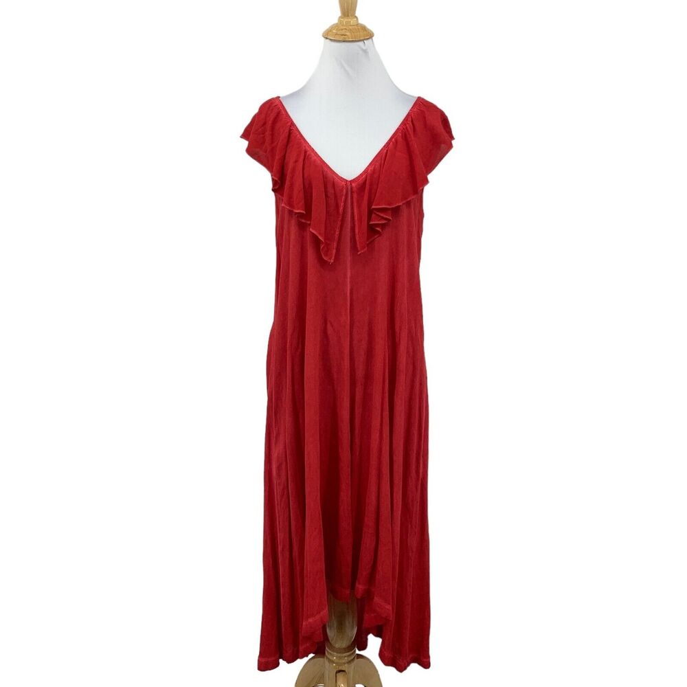 Lola Loves Dress Womens M Medium Fresco Red Ruffle Flap Neck High Low Pockets